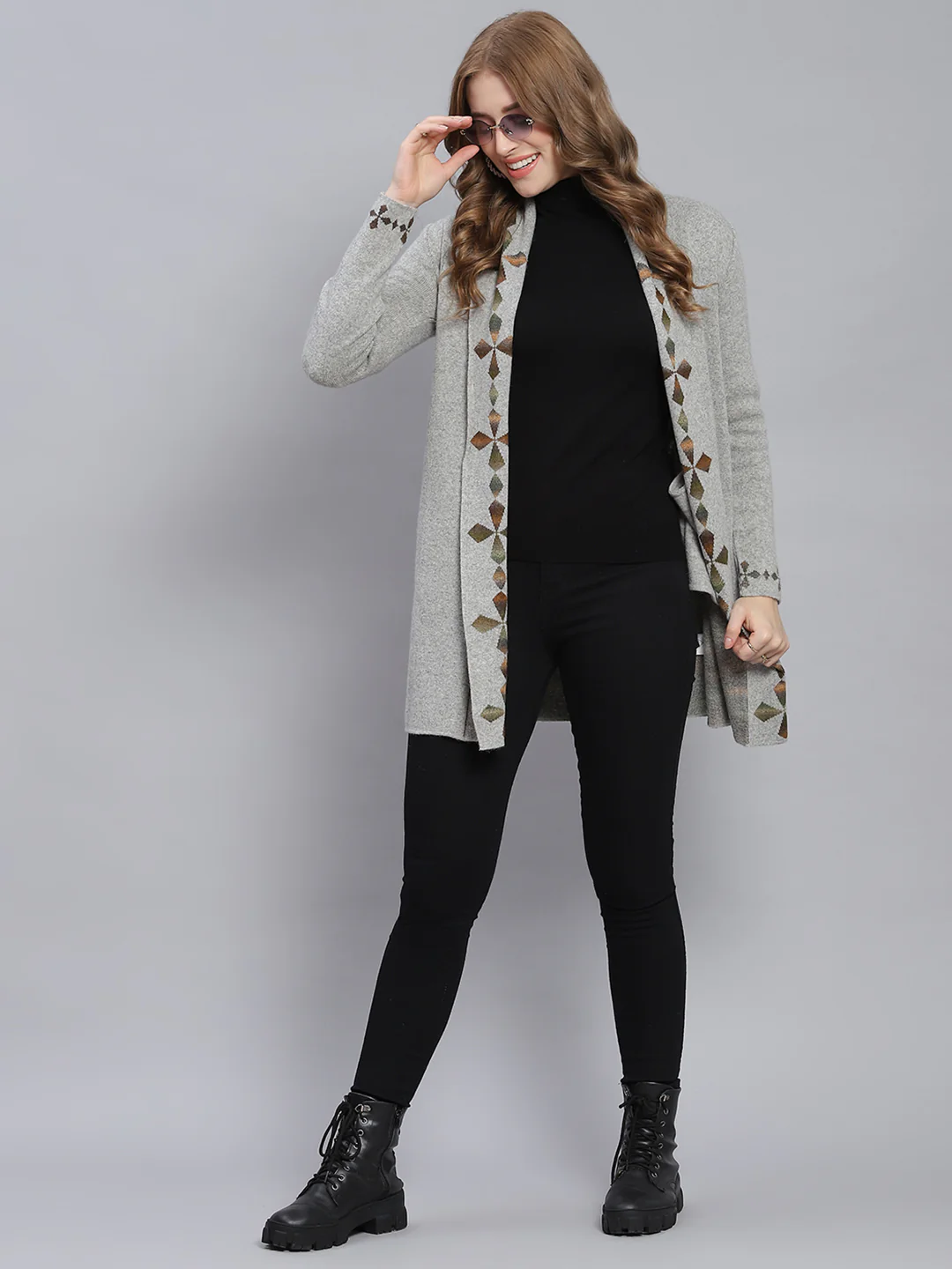 Women Grey Self Design Front Open Full Sleeve Cardigans - Image 2