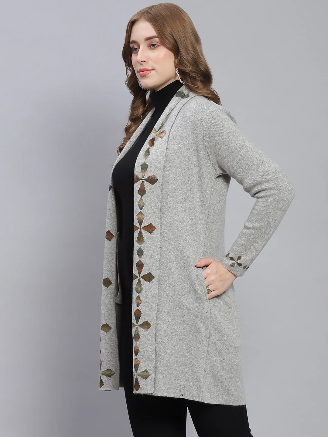 Women Grey Self Design Front Open Full Sleeve Cardigans - Image 4