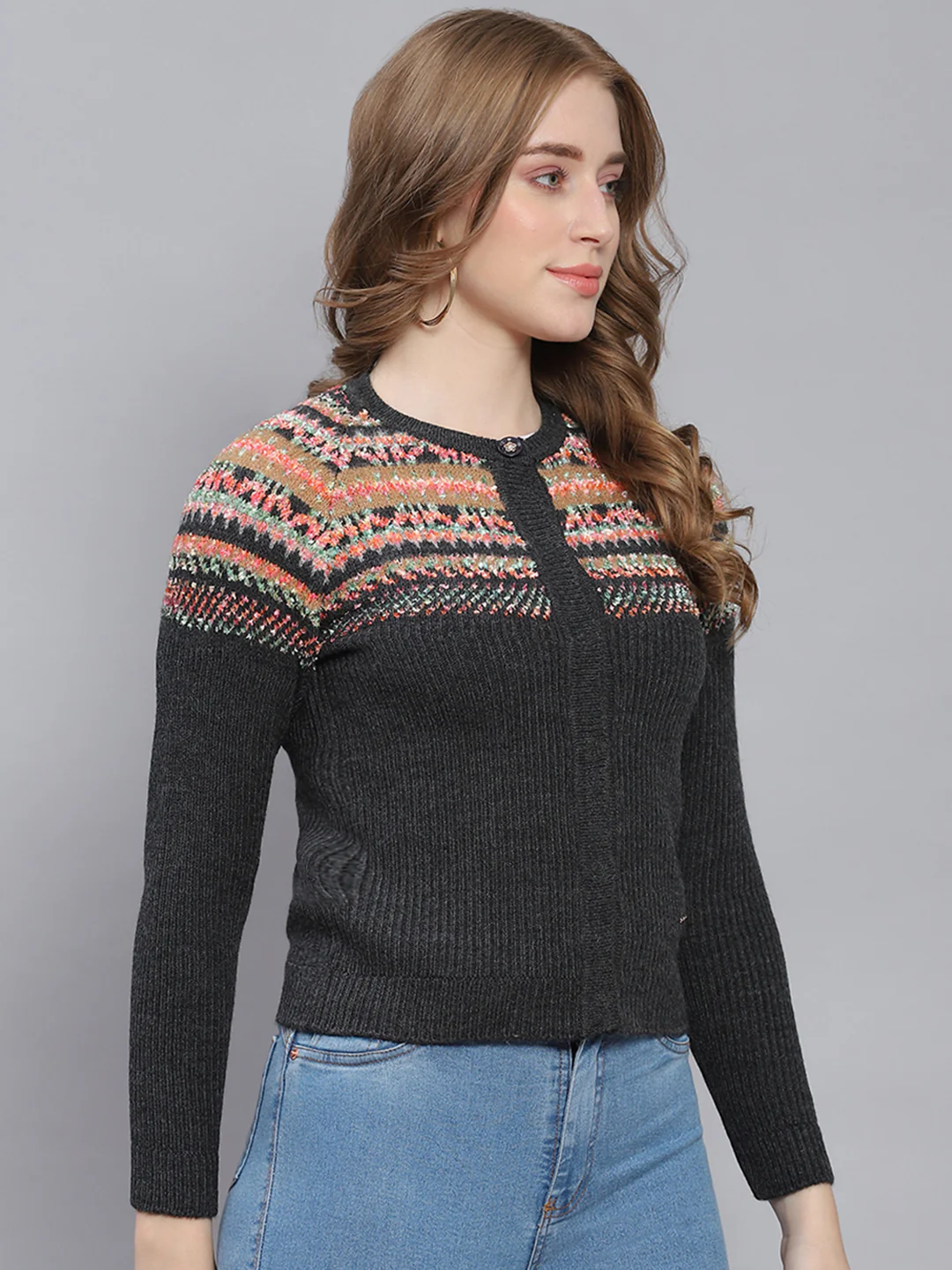 Women Grey Self Design Round Neck Full Sleeve Cardigans - Image 4