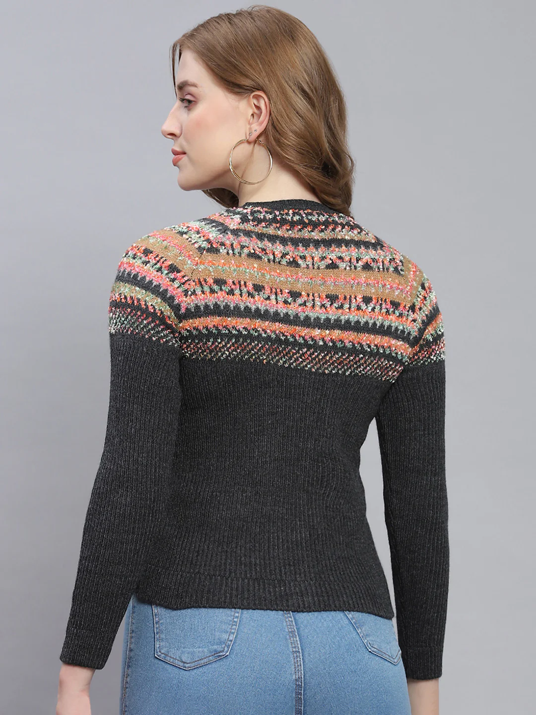 Women Grey Self Design Round Neck Full Sleeve Cardigans - Image 5