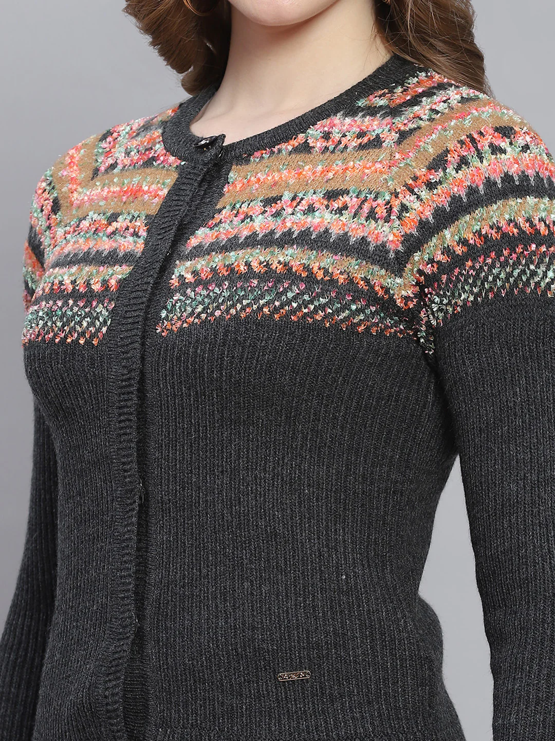 Women Grey Self Design Round Neck Full Sleeve Cardigans - Image 6
