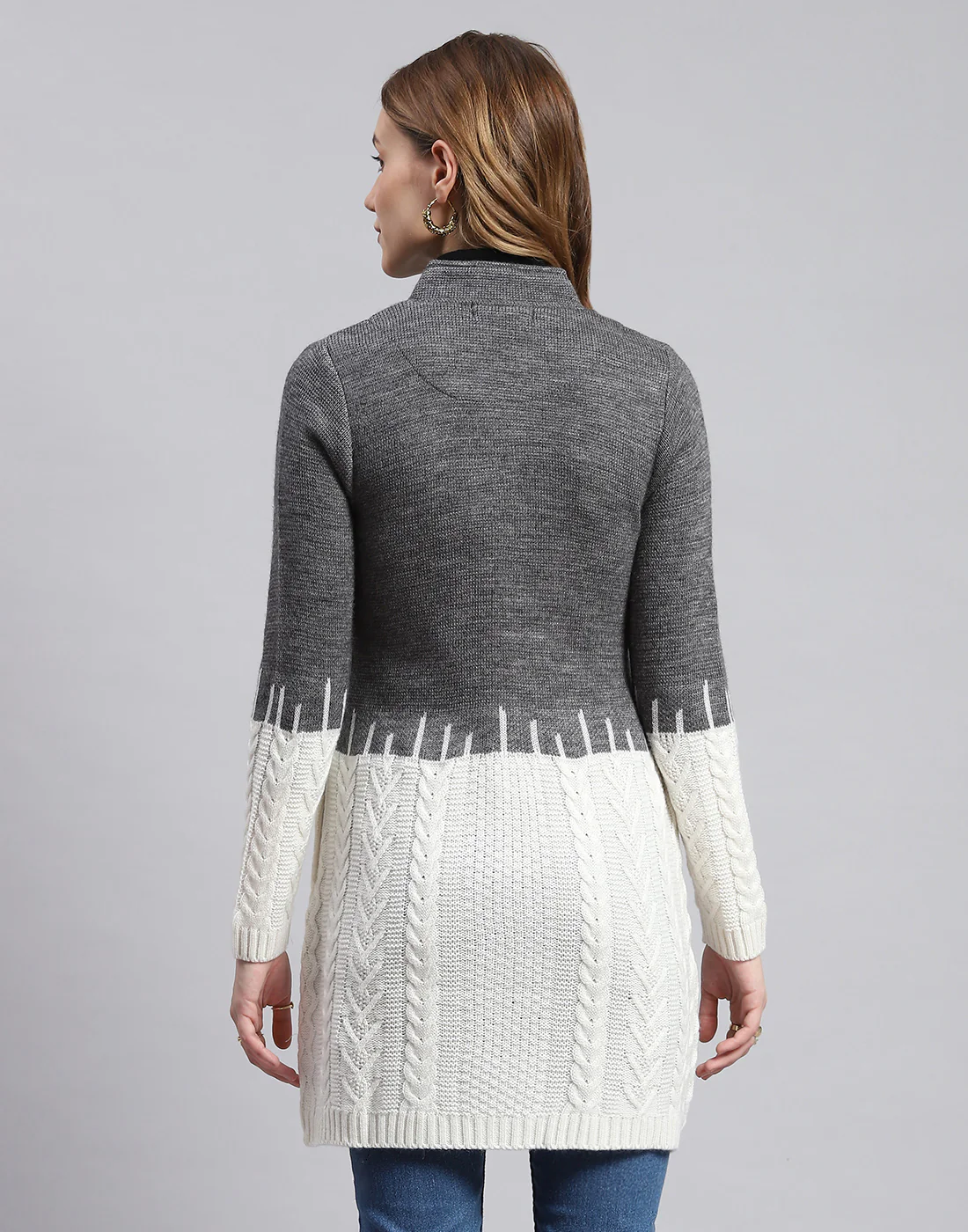 Women Grey Self Design Round Neck Full Sleeve Coats - Image 5