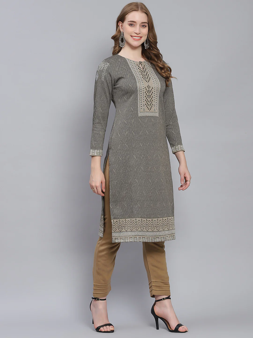 Women Grey Self Design Round Neck Full Sleeve Kurtis - Image 5
