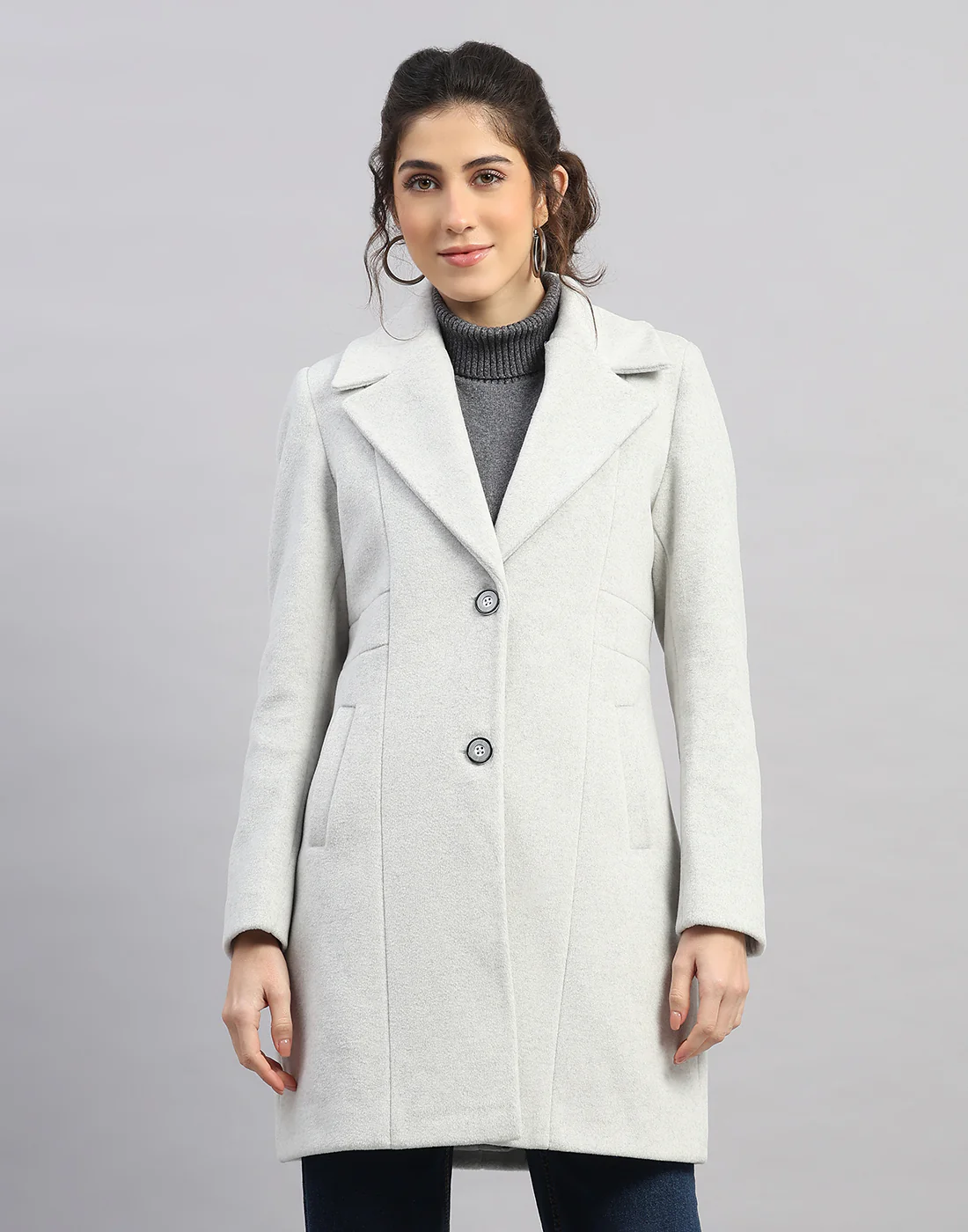 Women Grey Solid Collar Full Sleeve Coat - Image 7