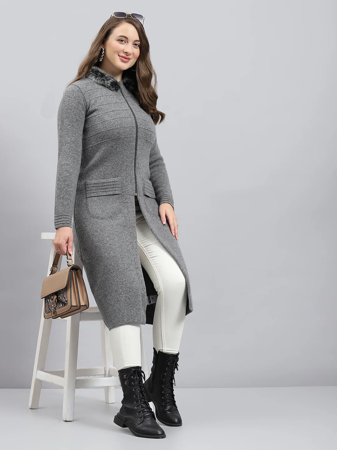 Women Grey Solid Collar Full Sleeve Pullover - Image 2
