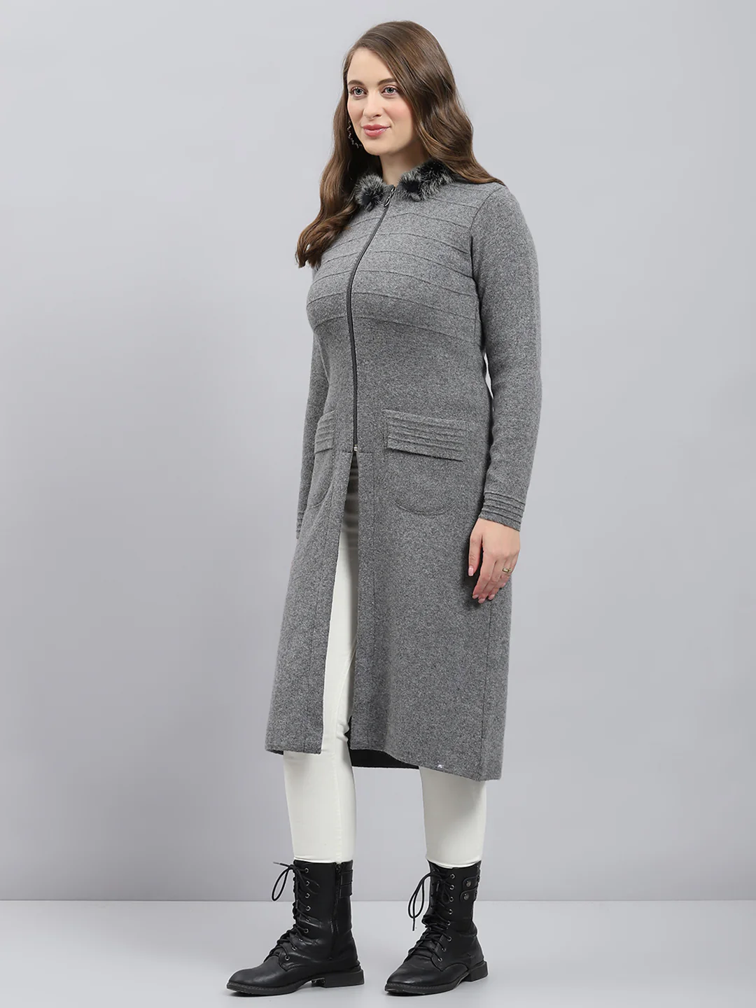 Women Grey Solid Collar Full Sleeve Pullover - Image 3