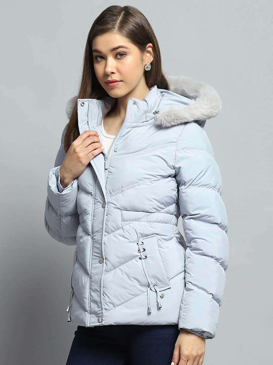 Women Grey Solid Detachable Hood Full Sleeve Jacket - Image 3