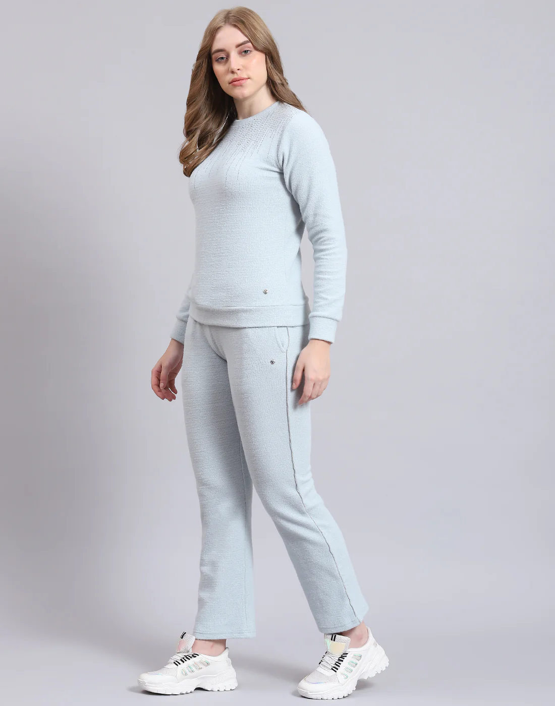 Women Grey Solid F Neck Full Sleeve Cords Set - Image 3
