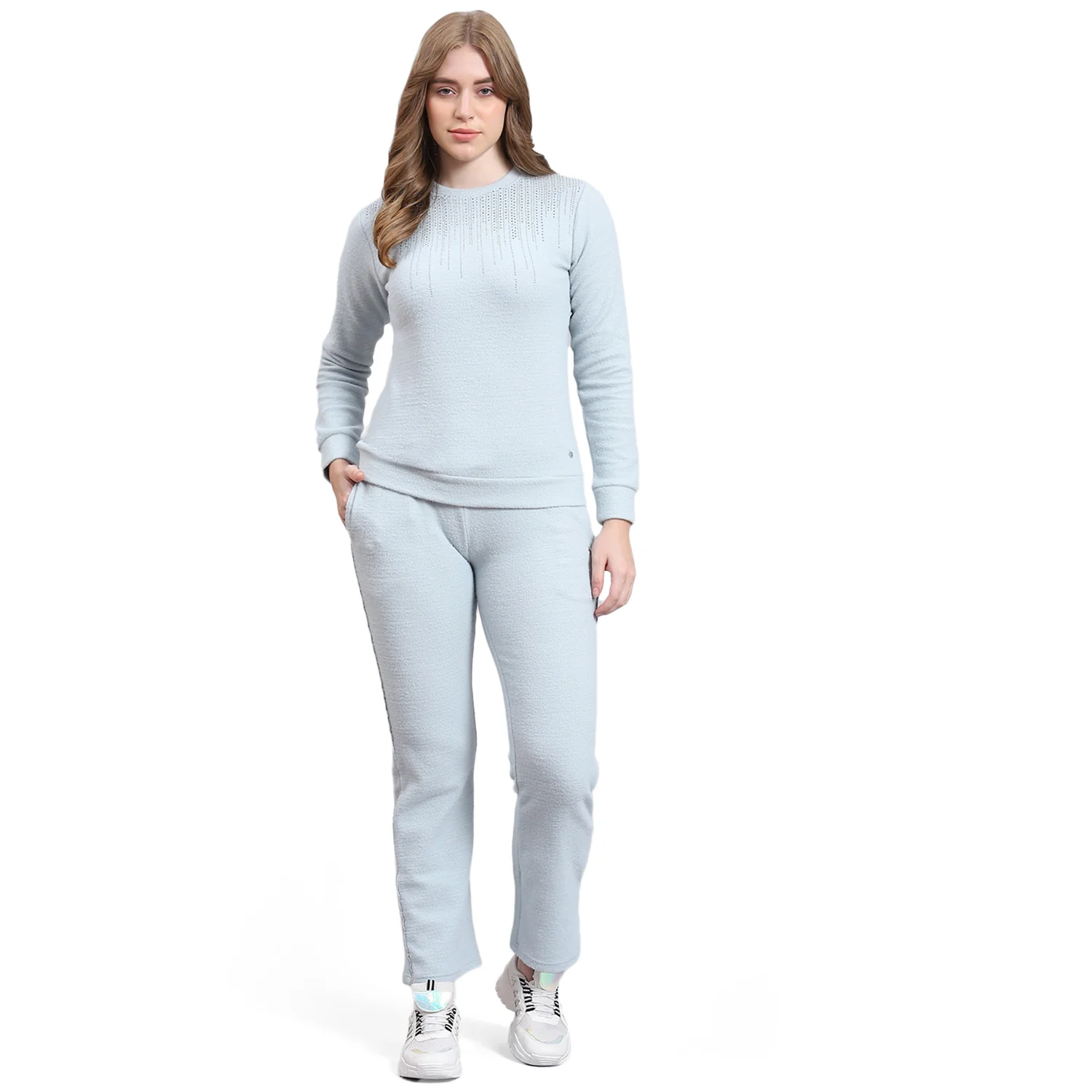 Women Grey Solid F Neck Full Sleeve Cords Set - Image 5