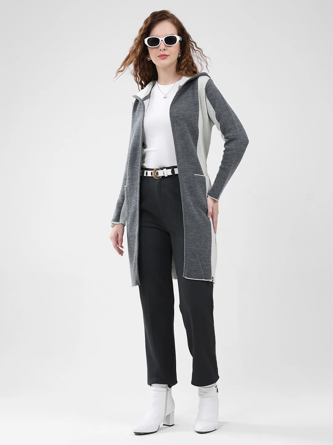 Women Grey Solid Hooded Full Sleeve Cardigan - Image 2