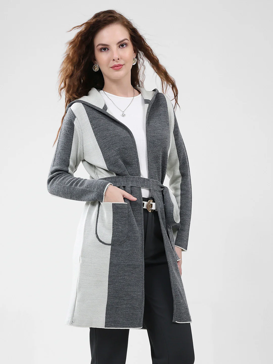 Women Grey Solid Hooded Full Sleeve Cardigan - Image 4