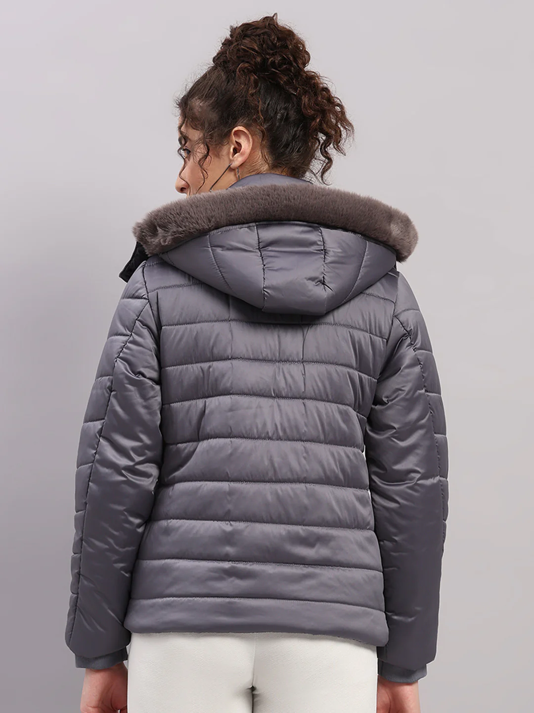 Women Grey Solid Hooded Full Sleeve Jacket - Image 5