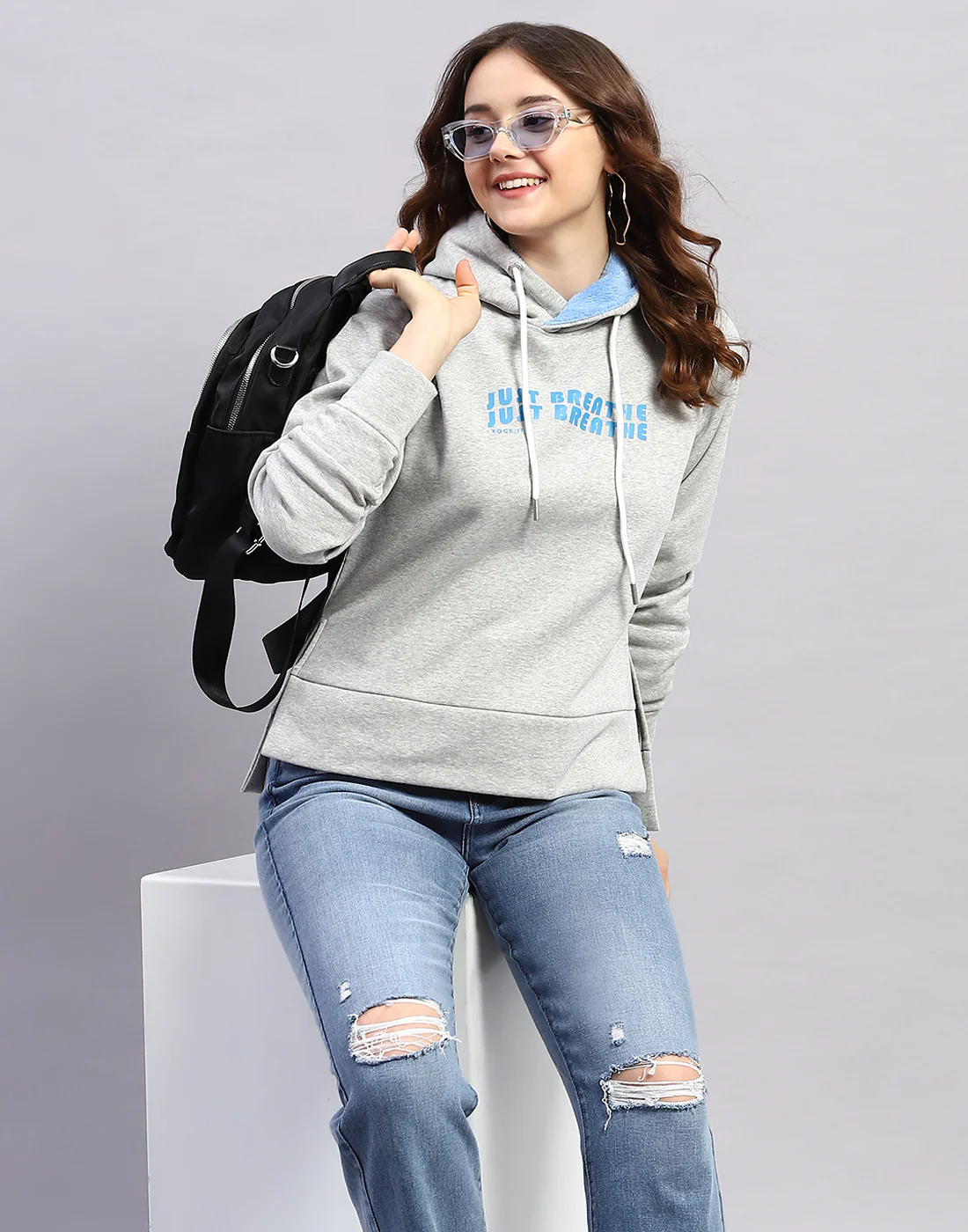 Rock.it Women Grey Solid Hooded Full Sleeve Sweatshirt - Image 6