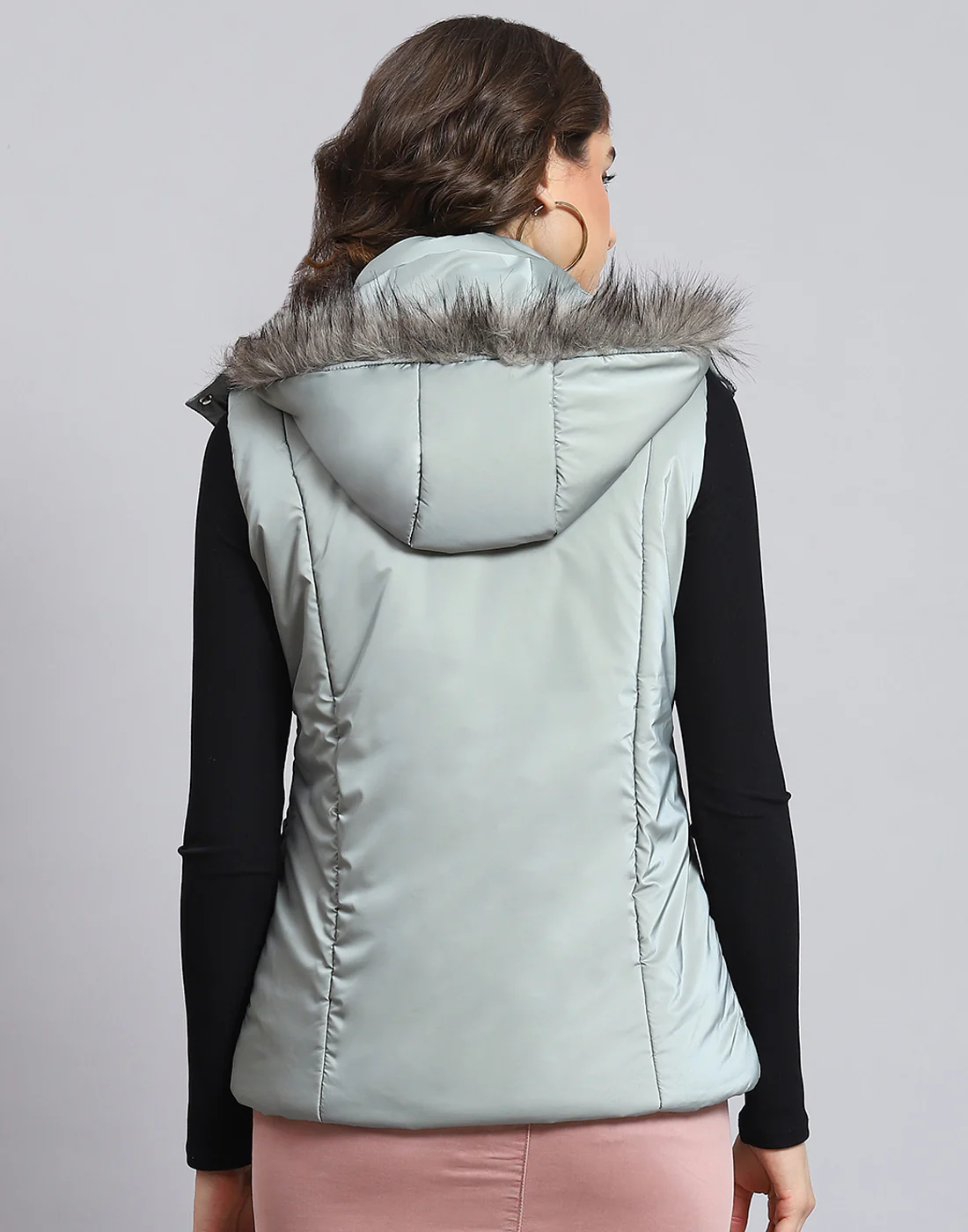 Women Grey Solid Hooded Sleeveless Jacket - Image 5