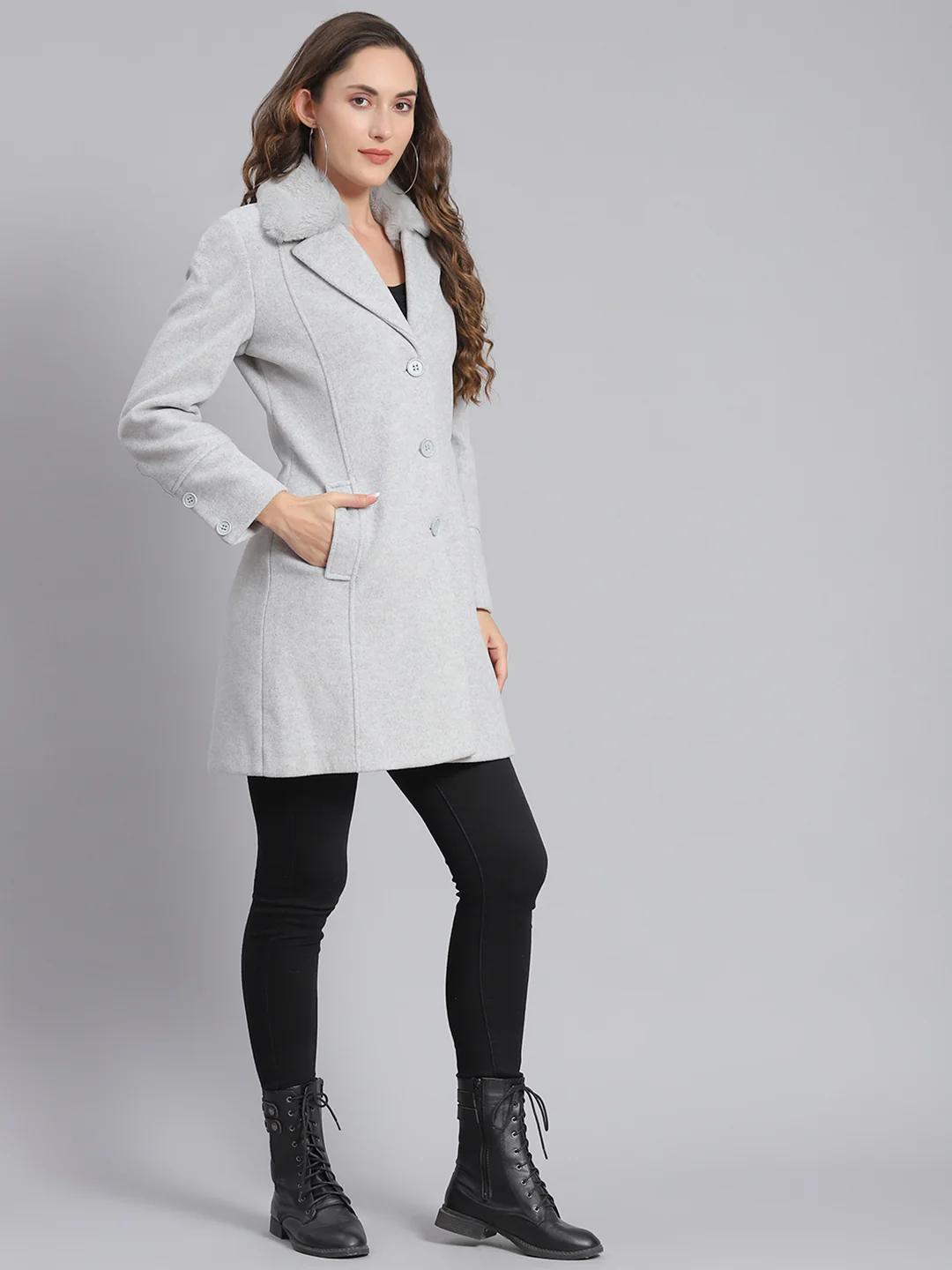 Women Grey Solid Lapel Collar Full Sleeve Coats - Image 4