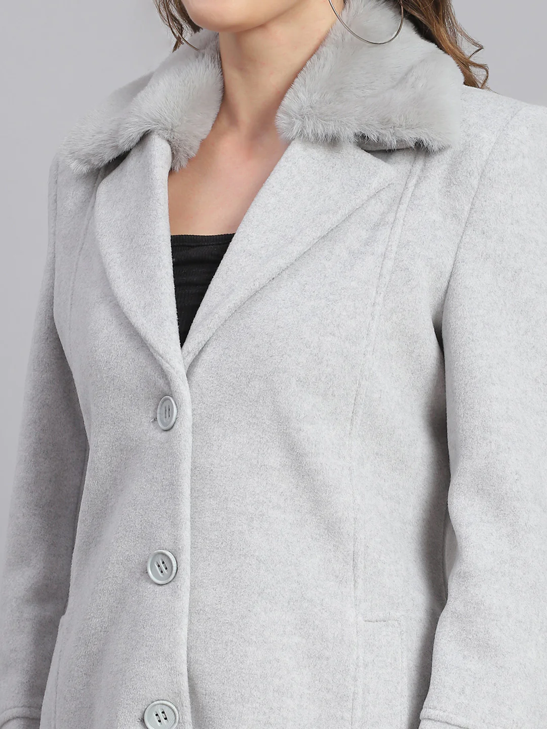 Women Grey Solid Lapel Collar Full Sleeve Coats - Image 6