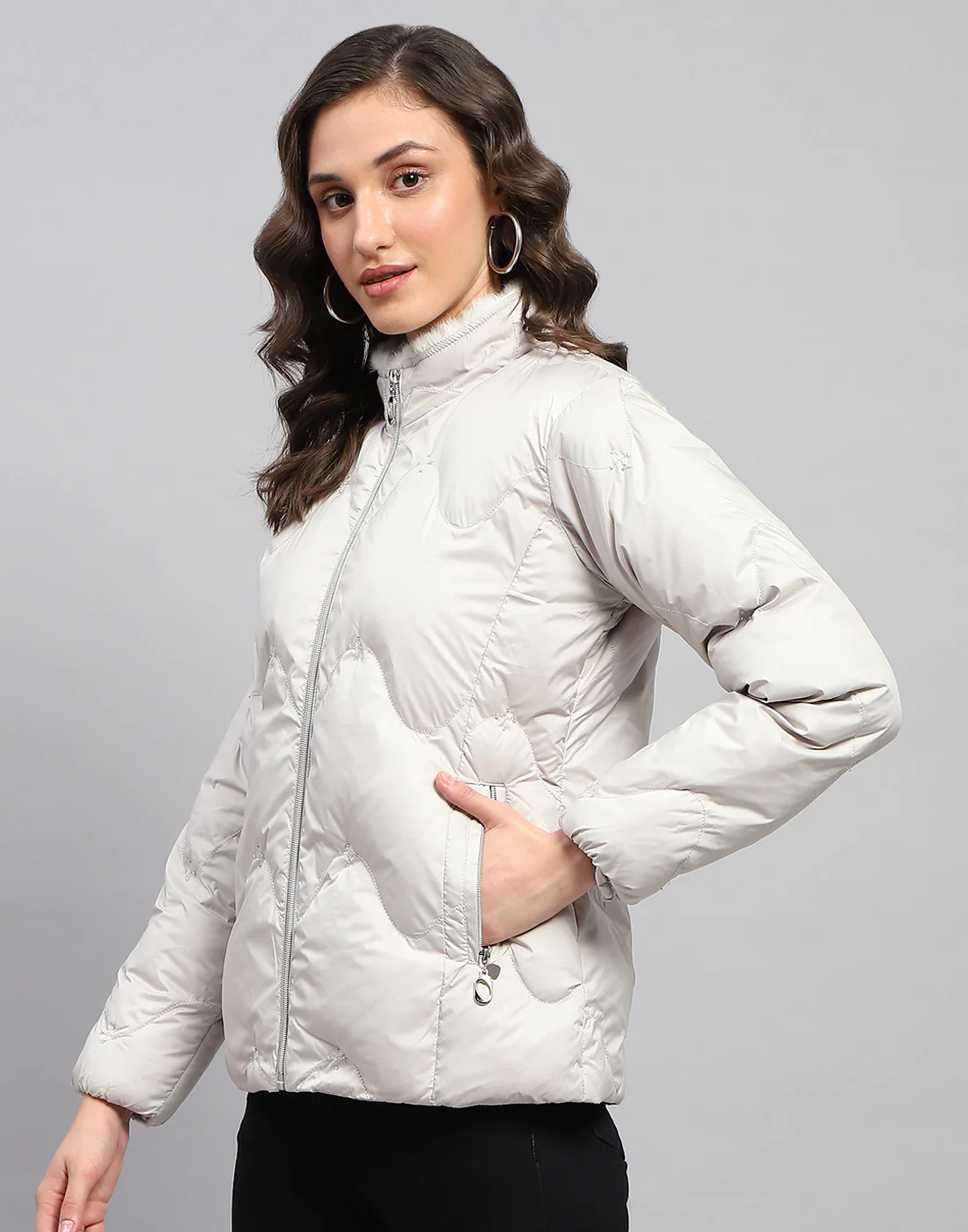 Women Grey Solid Mock Neck Full Sleeve Jacket - Image 3