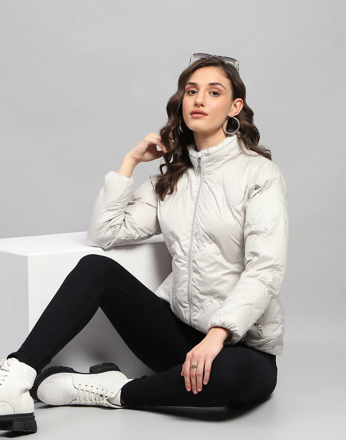 Women Grey Solid Mock Neck Full Sleeve Jacket - Image 6