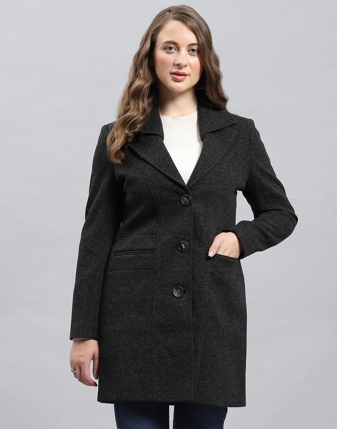 Women Grey Solid Notch Lapel Collar Full Sleeve Coat - Image 2