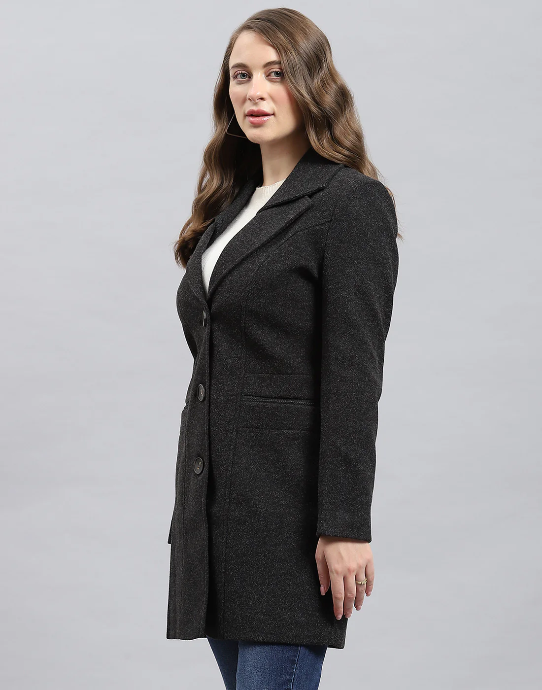 Women Grey Solid Notch Lapel Collar Full Sleeve Coat - Image 3