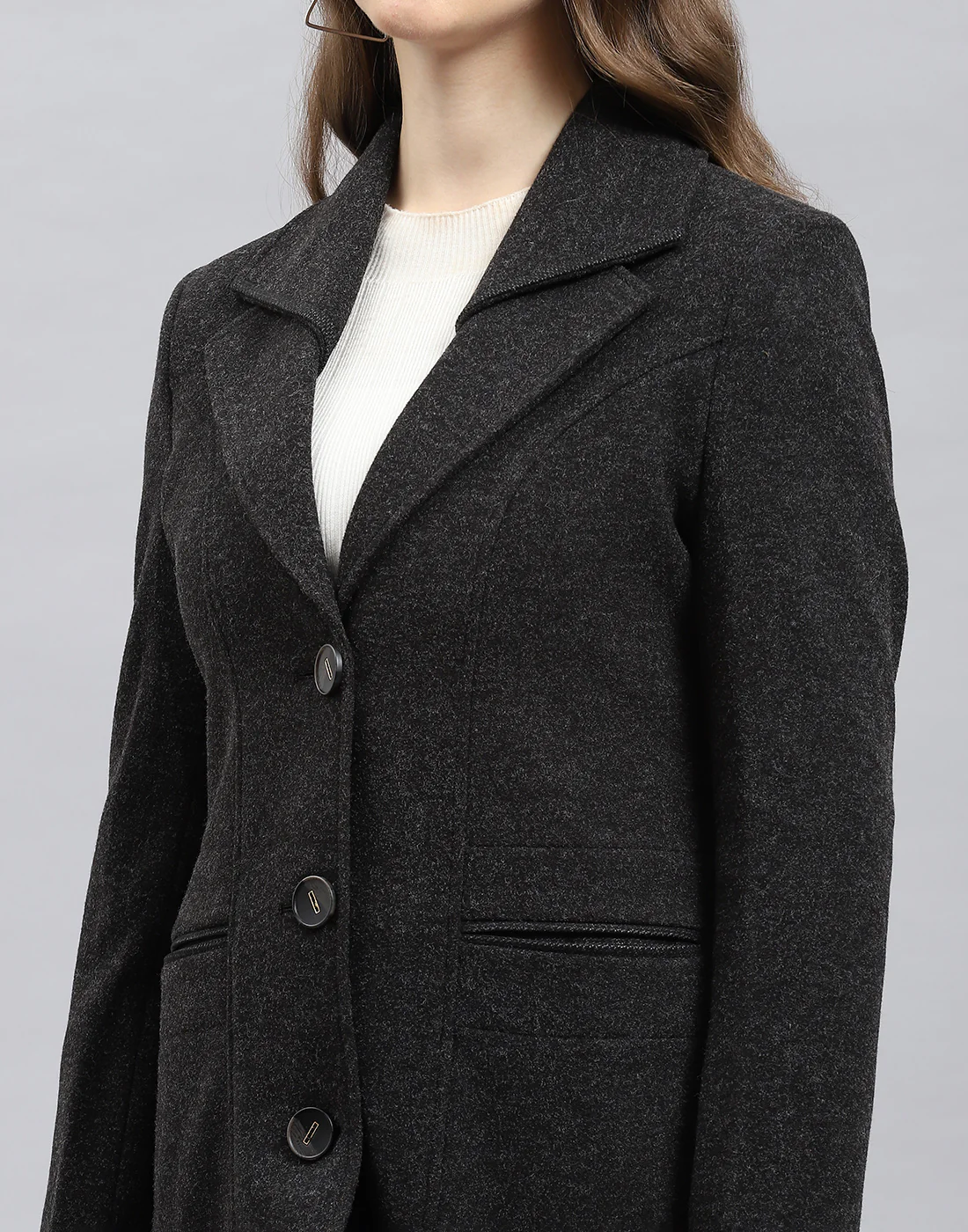 Women Grey Solid Notch Lapel Collar Full Sleeve Coat - Image 7