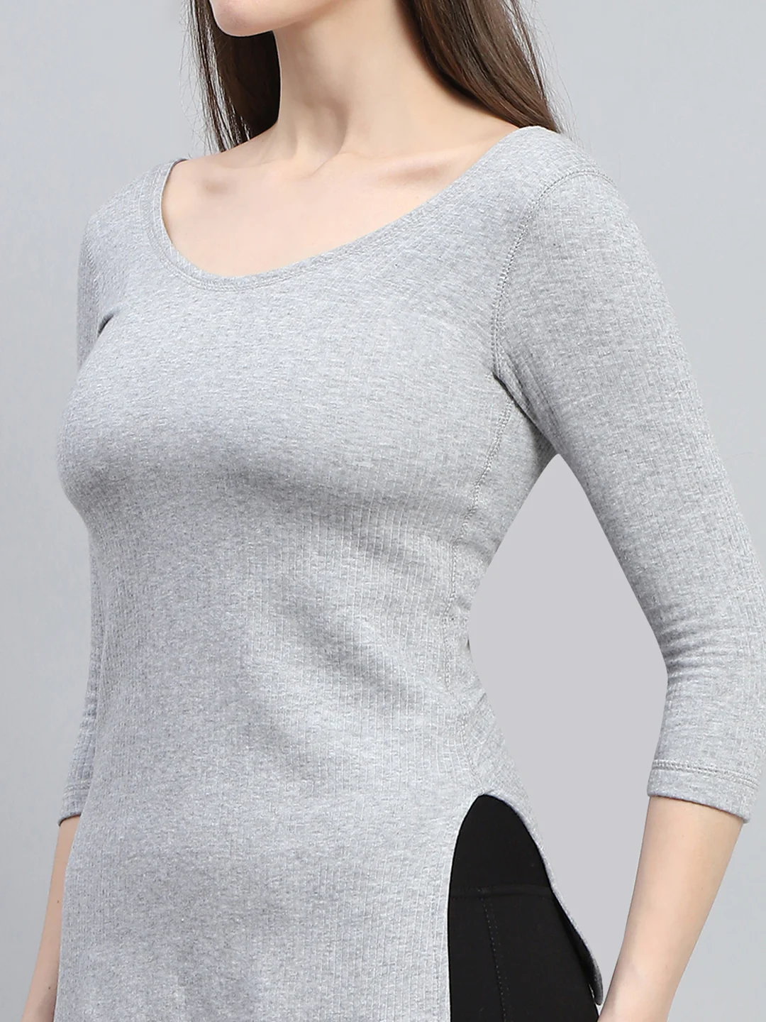 Women Grey Solid Round Neck 3/4th Sleeve Thermal Vest - Image 6