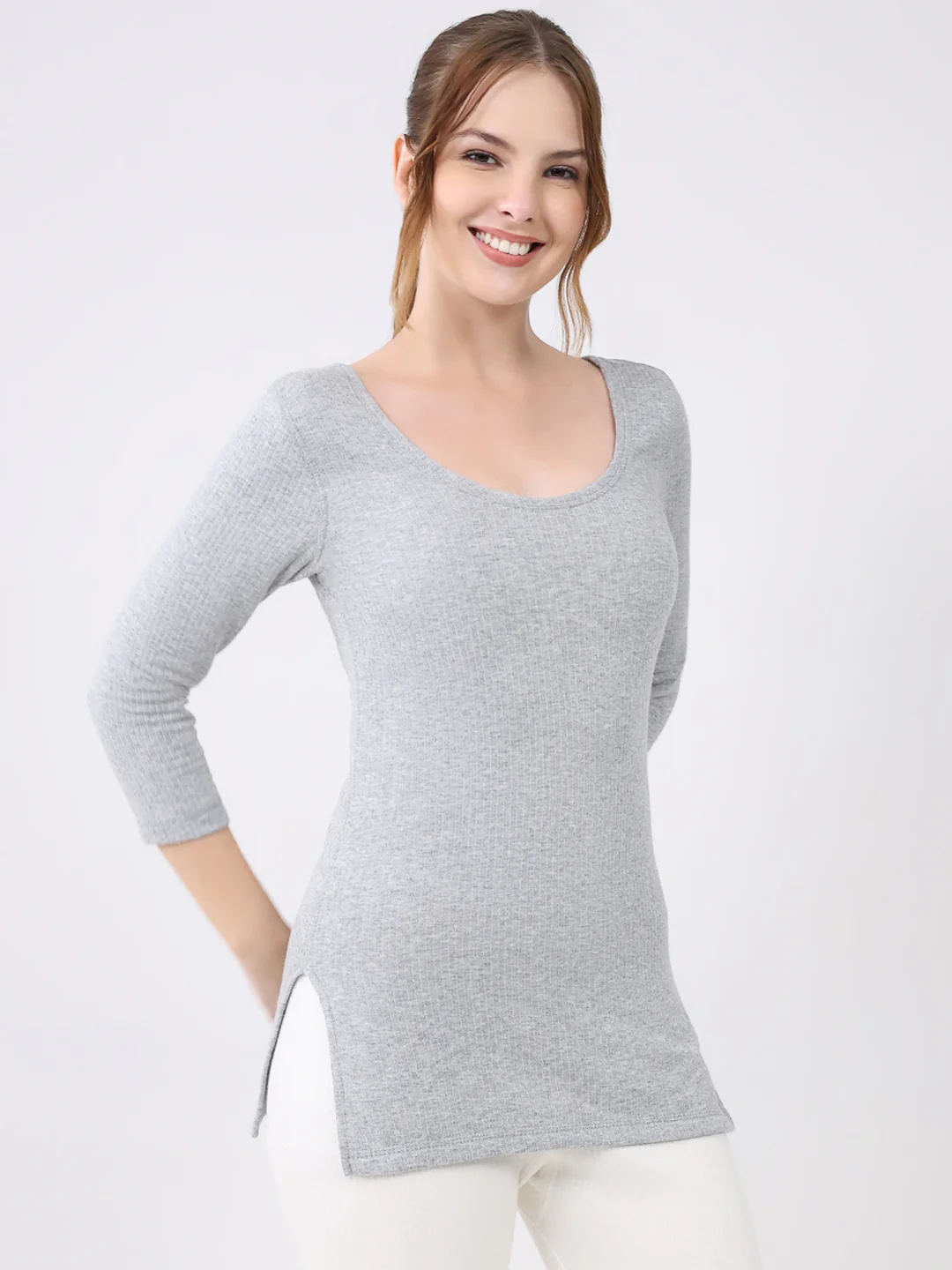 Women Grey Solid Round Neck 3/4th Sleeve Thermal Vest - Image 4