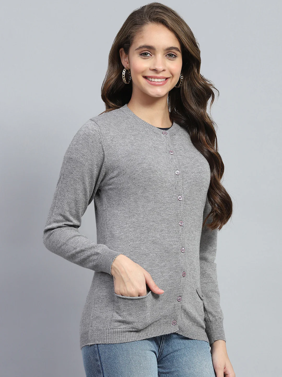 Women Grey Solid Round Neck Full Sleeve Cardigan - Image 4