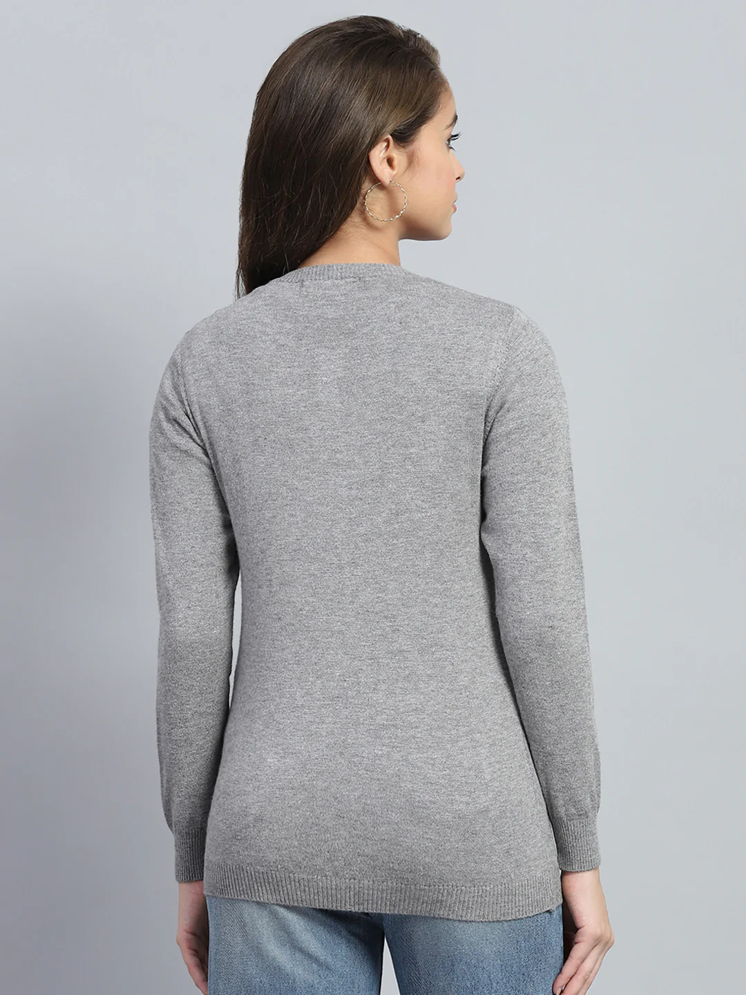 Women Grey Solid Round Neck Full Sleeve Cardigan - Image 5