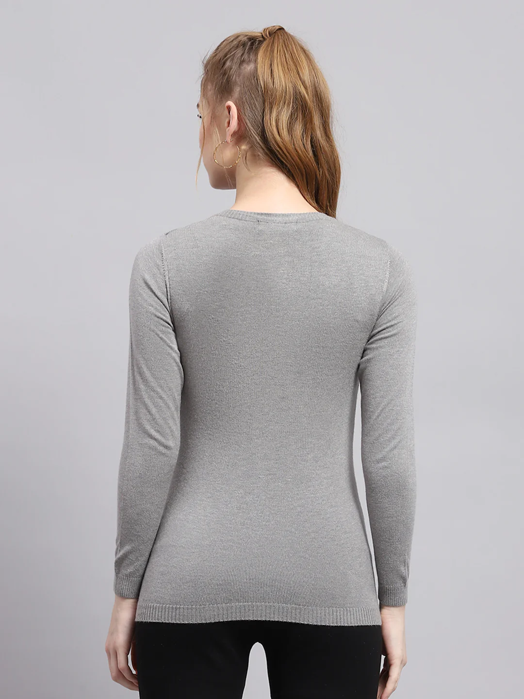 Women Grey Solid Round Neck Full Sleeve Cardigan - Image 5