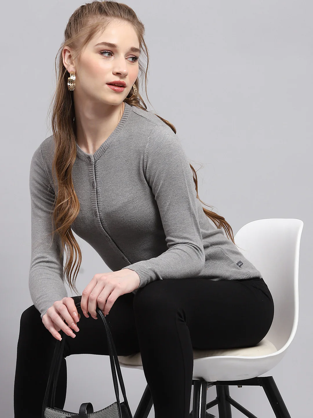 Women Grey Solid Round Neck Full Sleeve Cardigan - Image 6