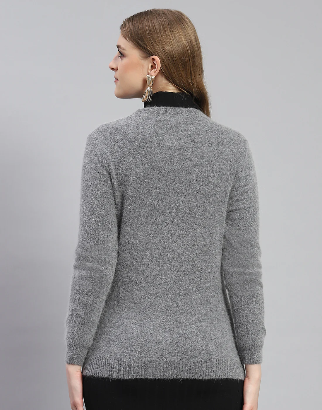 Women Grey Solid Round Neck Full Sleeve Cardigan - Image 5