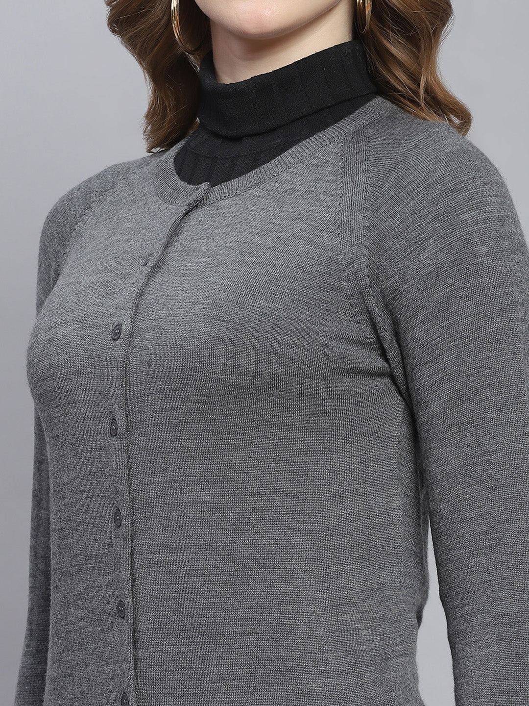 Women Grey Solid Round Neck Full Sleeve Cardigans - Image 6