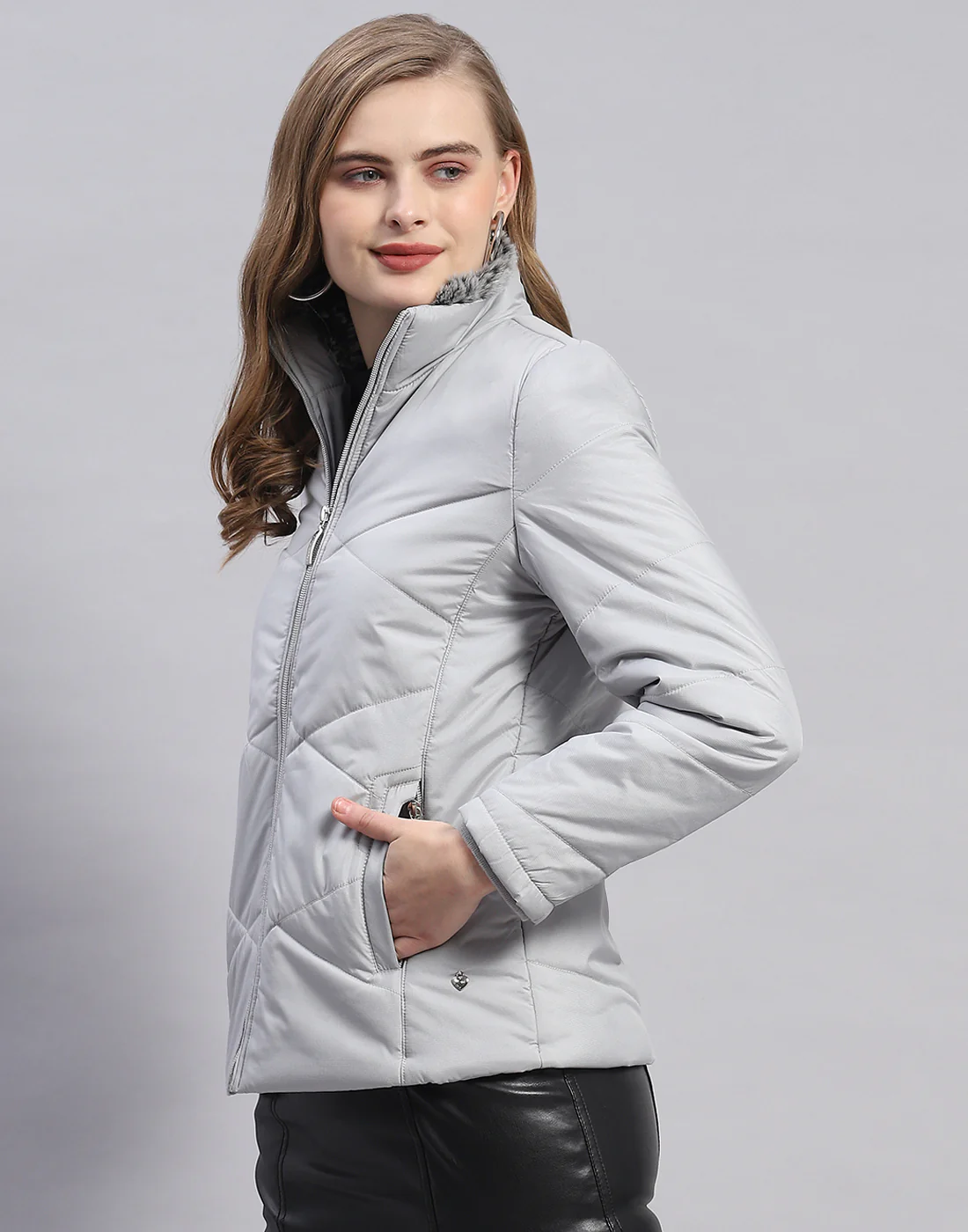 Women Grey Solid Stand Collar Full Sleeve Jacket - Image 3