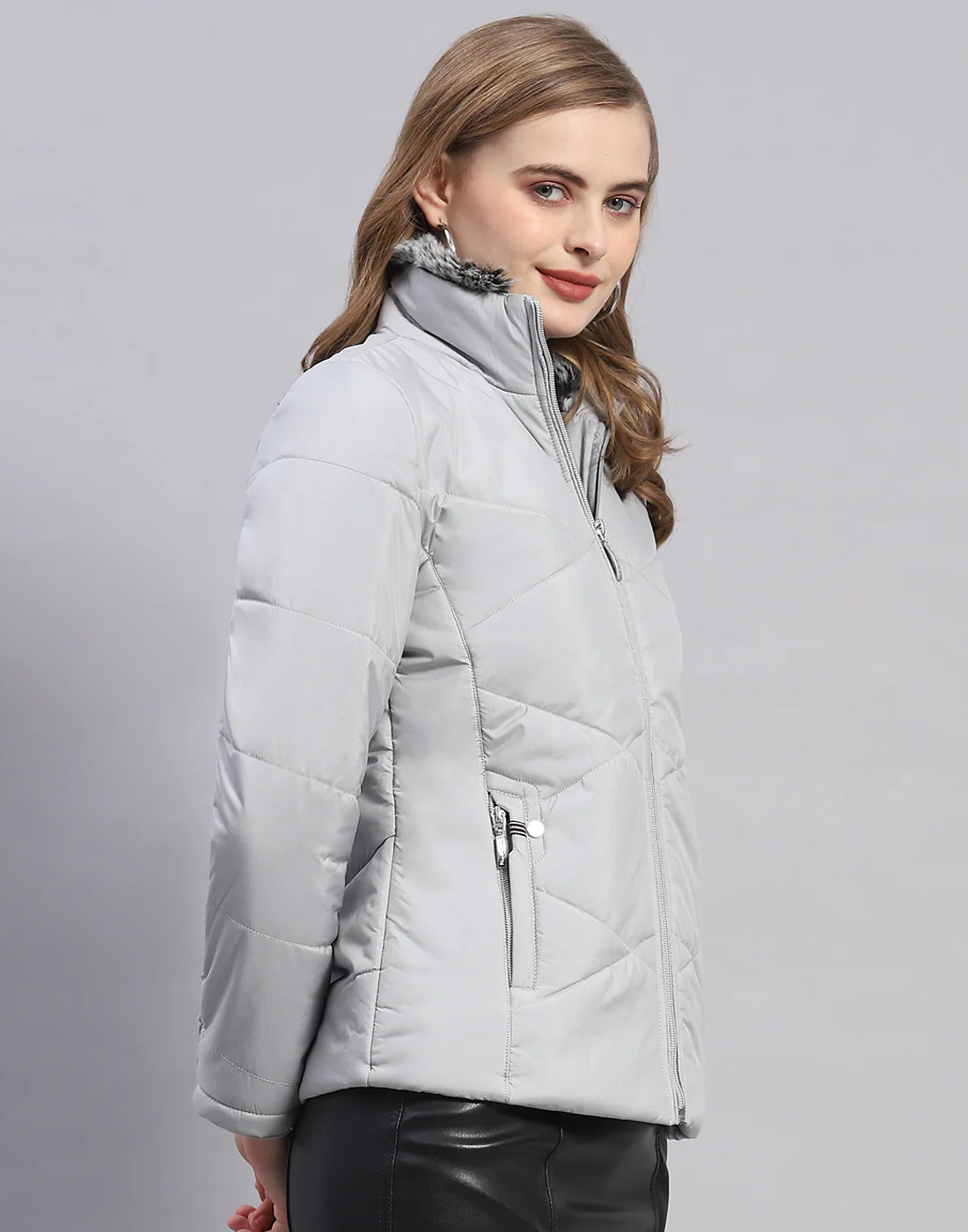 Women Grey Solid Stand Collar Full Sleeve Jacket - Image 4
