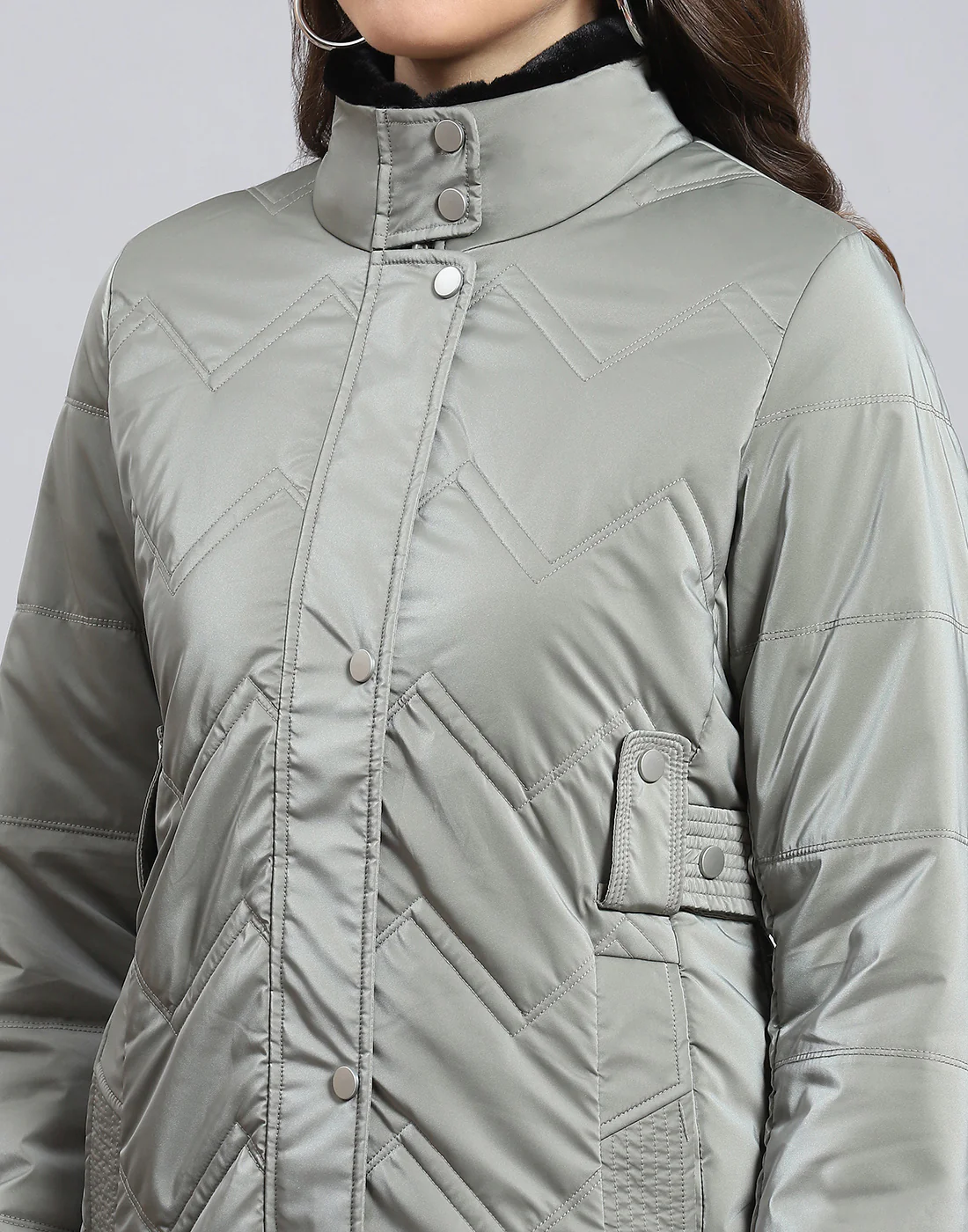 Women Grey Solid Stand Collar Full Sleeve Jacket - Image 8