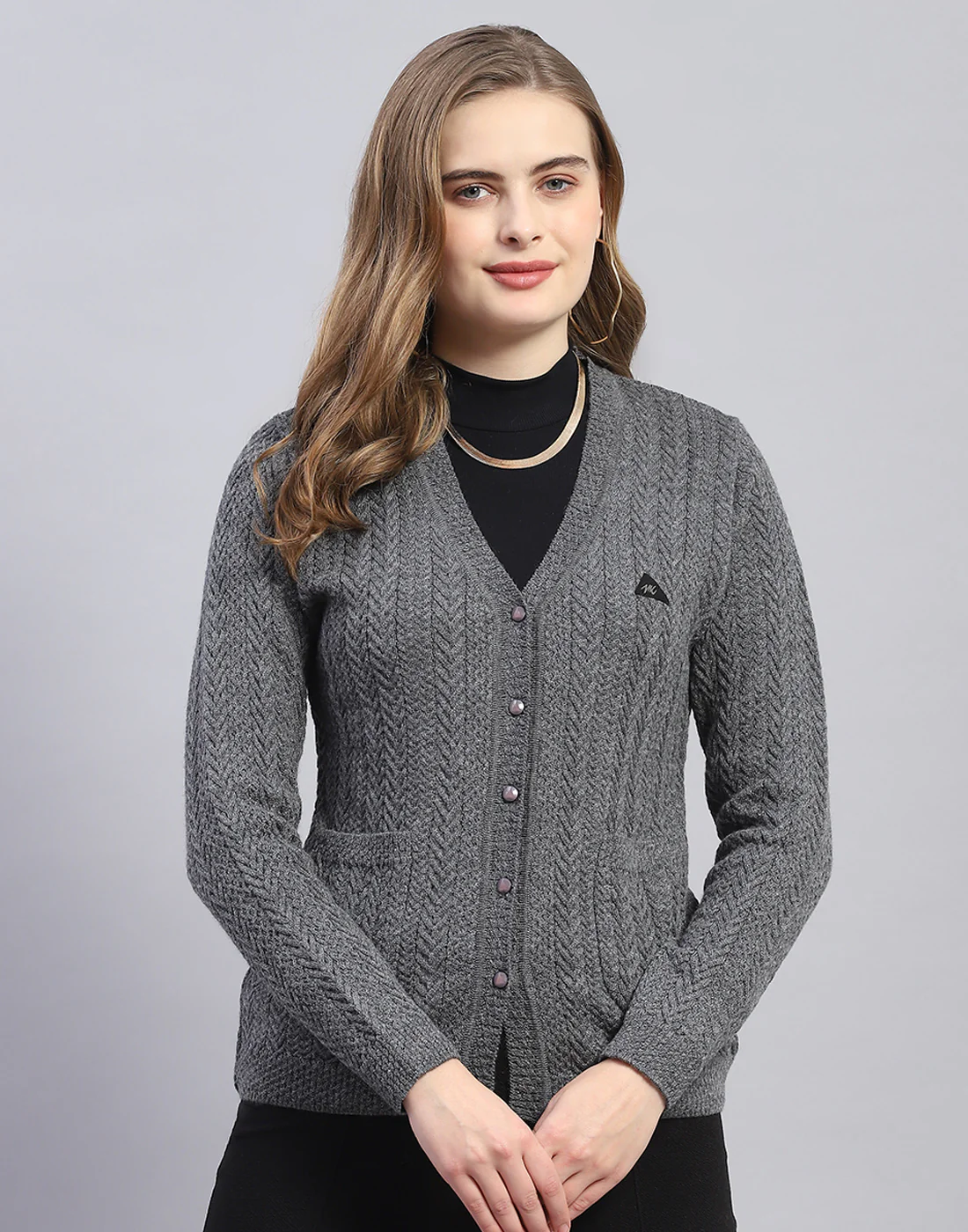 Women Grey Solid V Neck Full Sleeve Cardigan - Image 2