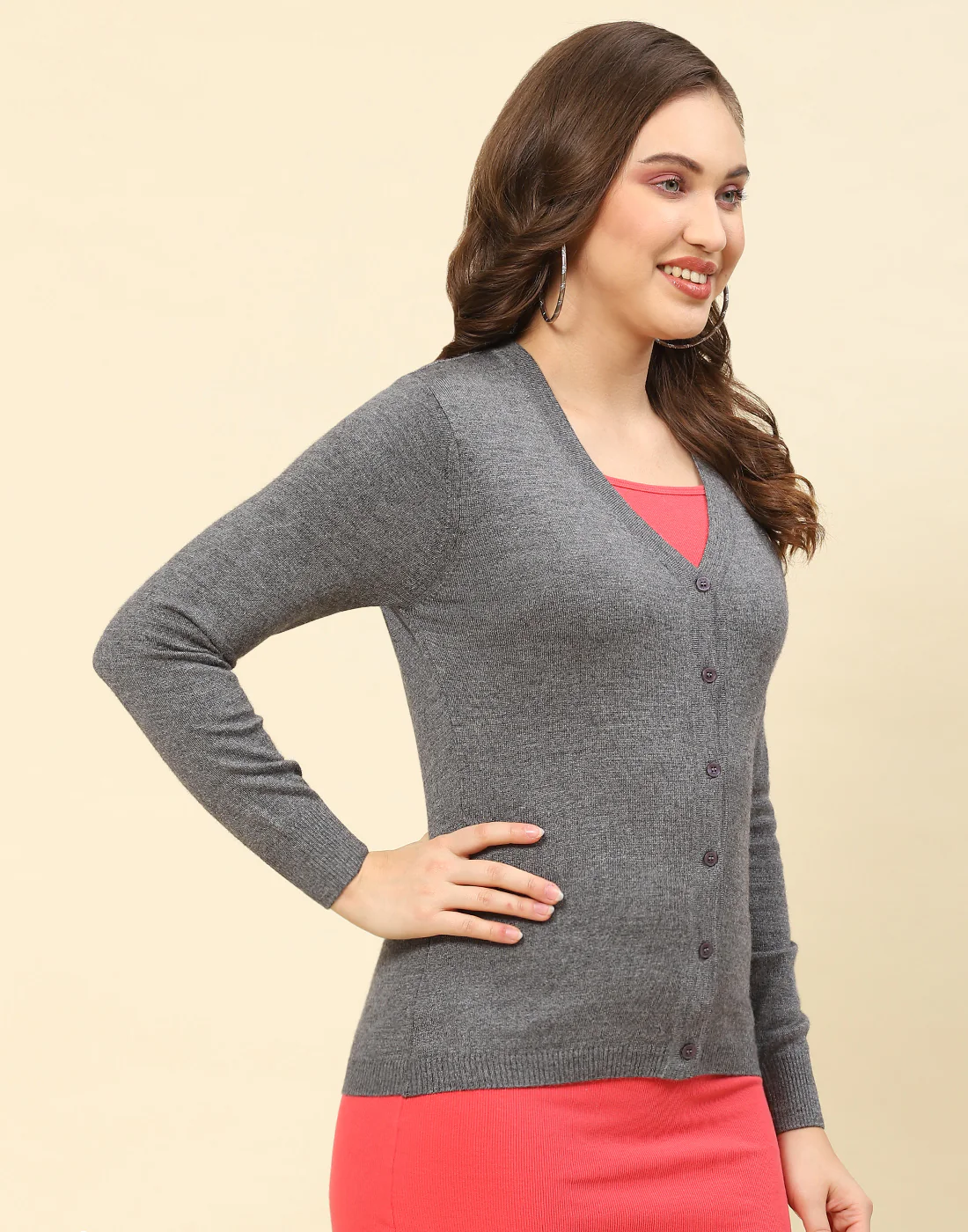 Women Grey Solid V Neck Full Sleeve Cardigan - Image 4