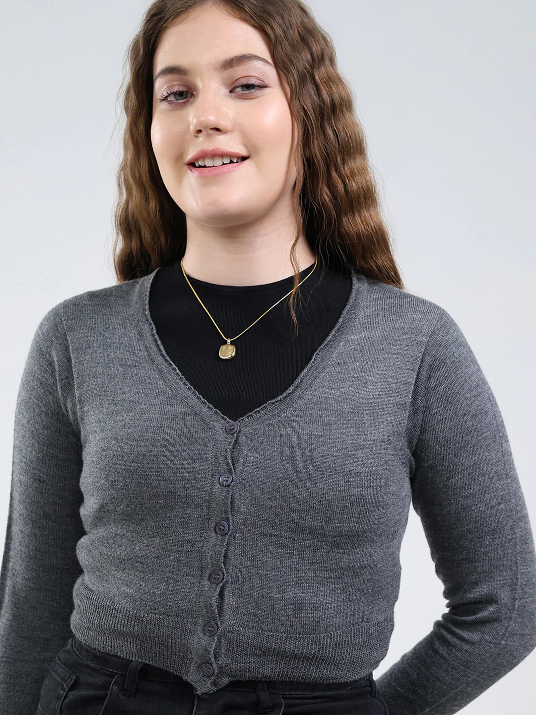 Women Grey Solid V Neck Full Sleeve Cardigan - Image 7