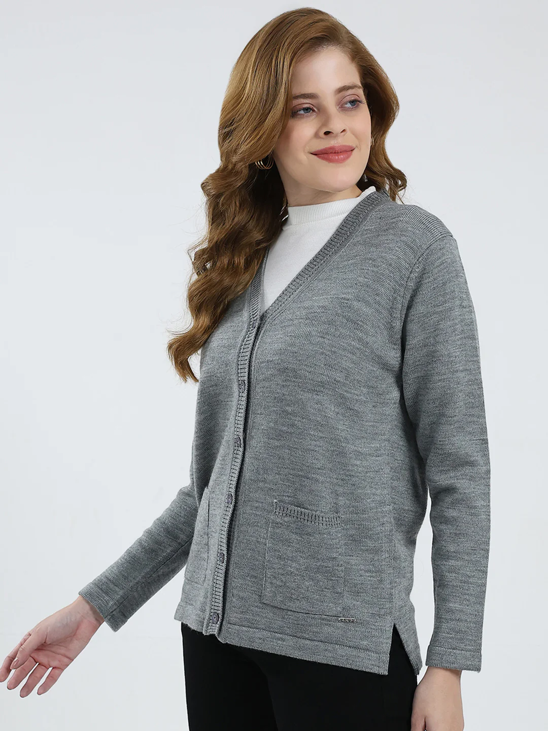 Women Grey Solid V Neck Full Sleeve Cardigan - Image 3