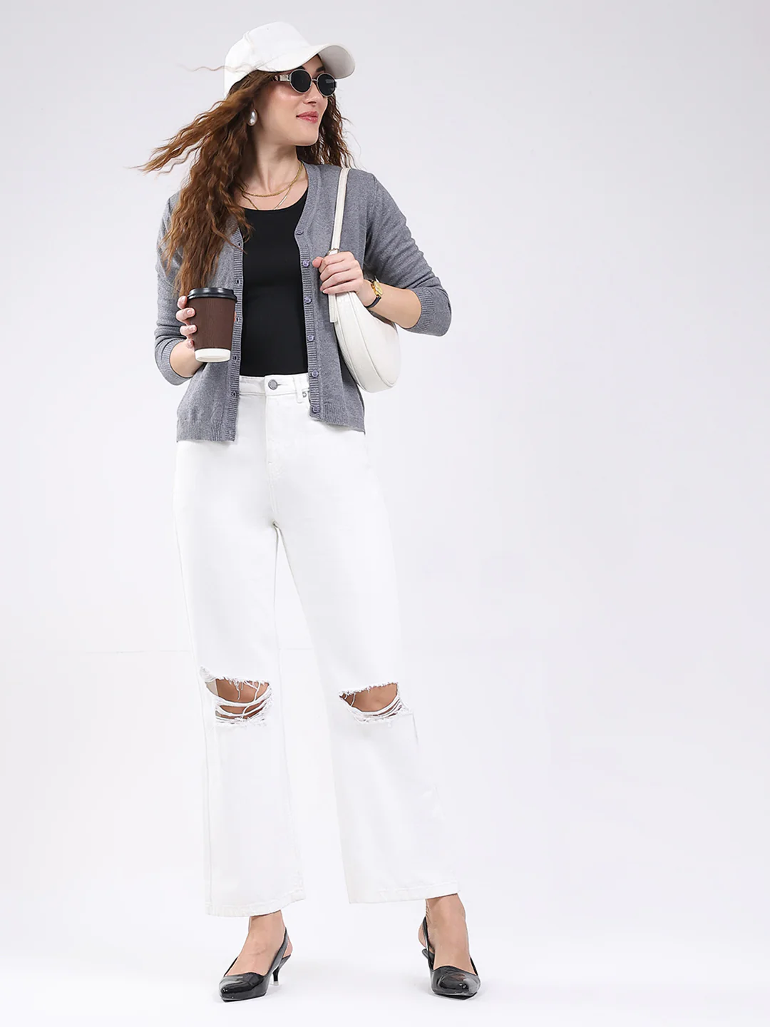 Women Grey Solid V Neck Full Sleeve Cardigan - Image 2