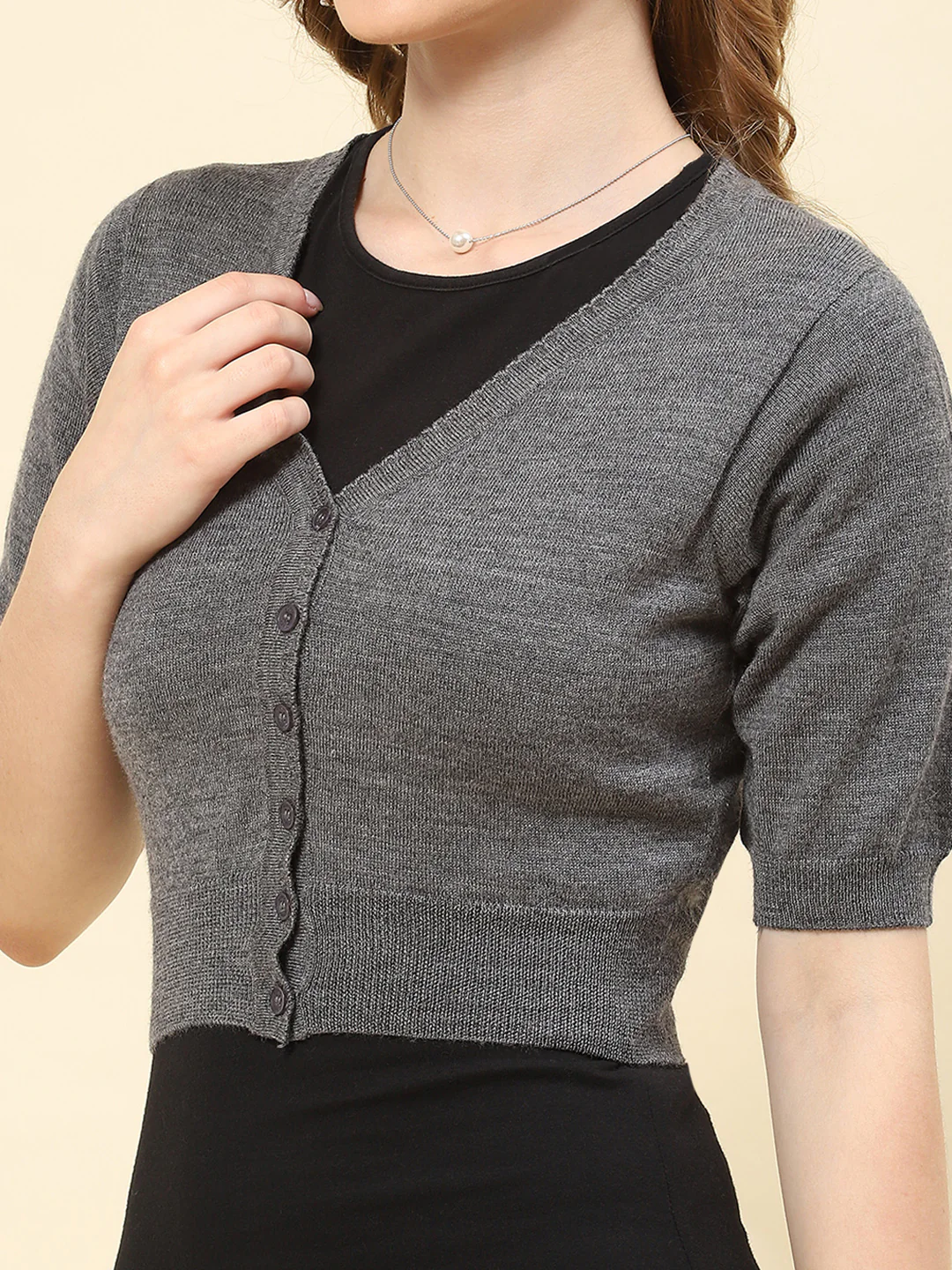 Women Grey Solid V Neck Half Sleeve Blouse - Image 6
