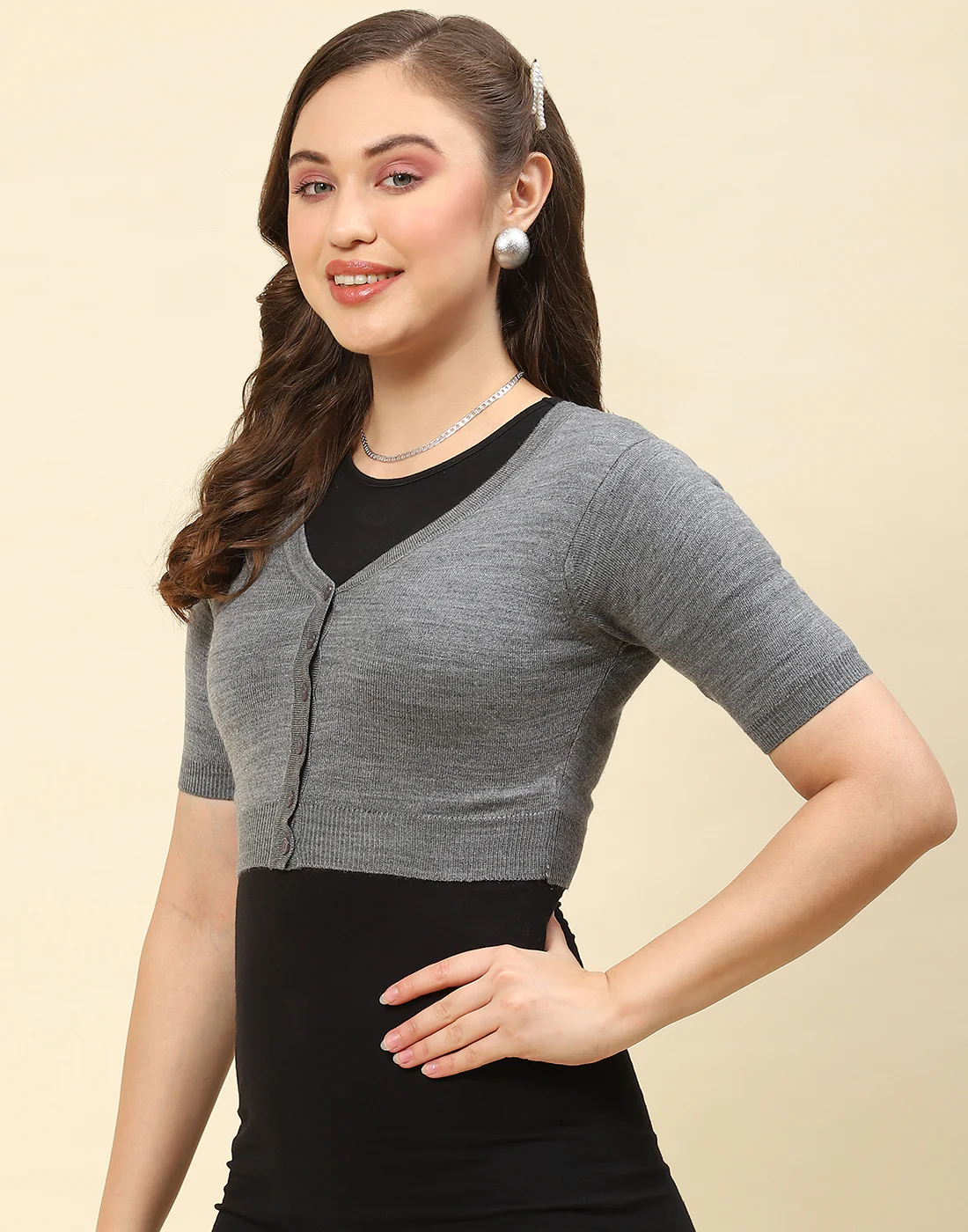 Women Grey Solid V Neck Half Sleeve Blouse - Image 3