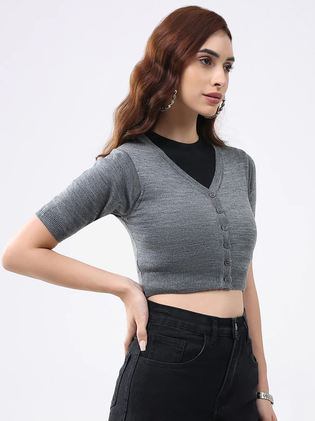 Women Grey Solid V Neck Half Sleeve Cardigan - Image 4