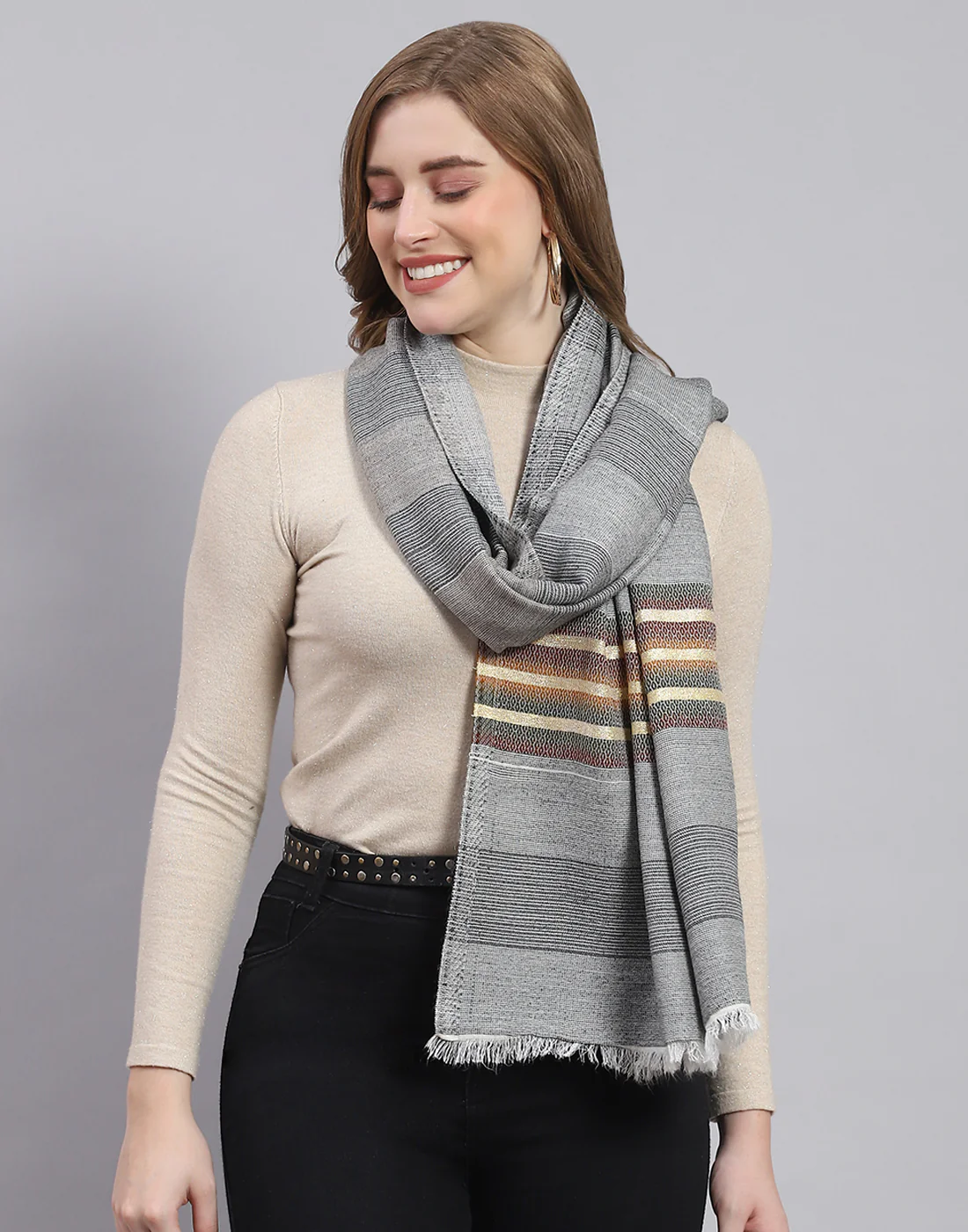 Women Grey Stripe Stole - Image 2