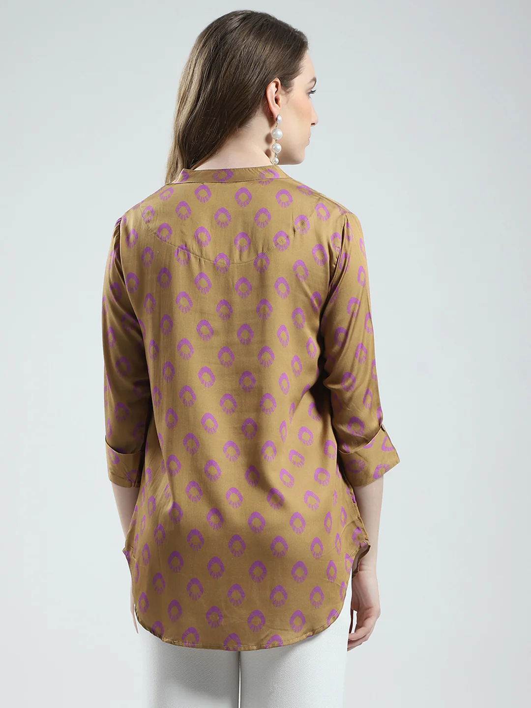Women Khaki Printed Band Collar 3/4th Sleeve Top - Image 5
