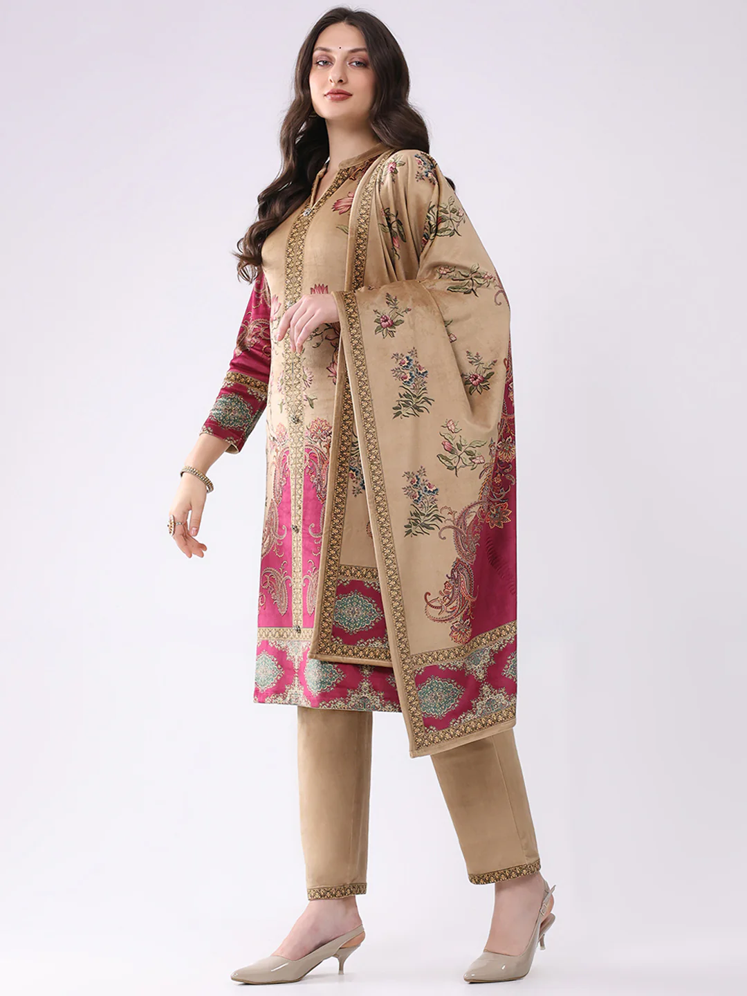 Women Khaki Printed Round Neck Full Sleeve Kurti, Stole & Lower 3Pc Set for Winter - Image 3