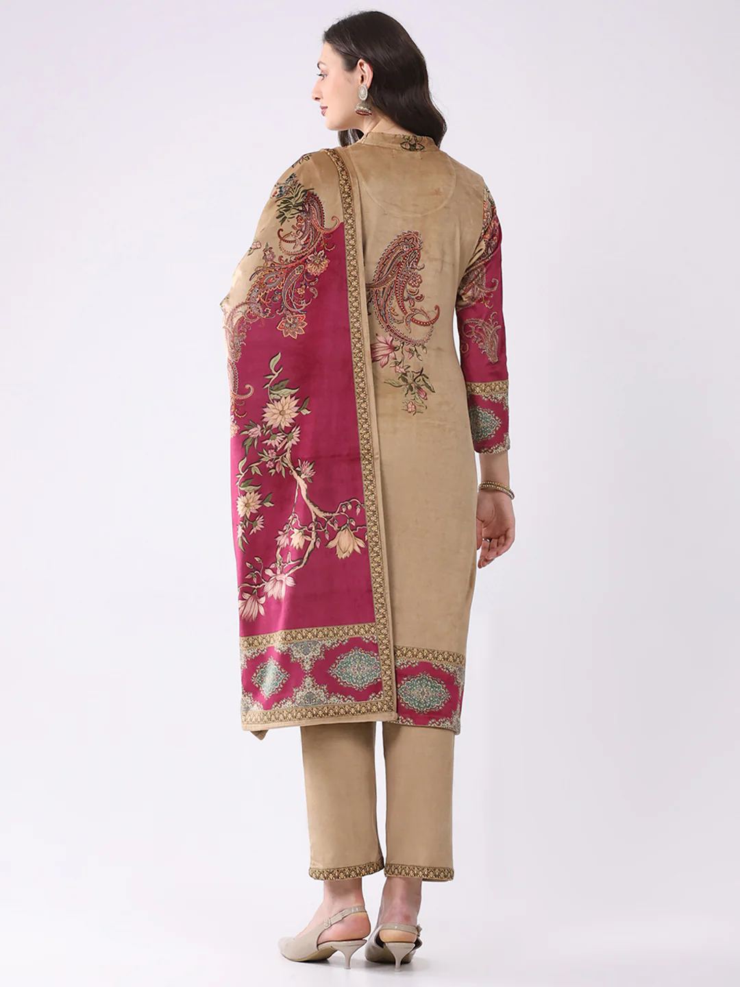 Women Khaki Printed Round Neck Full Sleeve Kurti, Stole & Lower 3Pc Set for Winter - Image 5