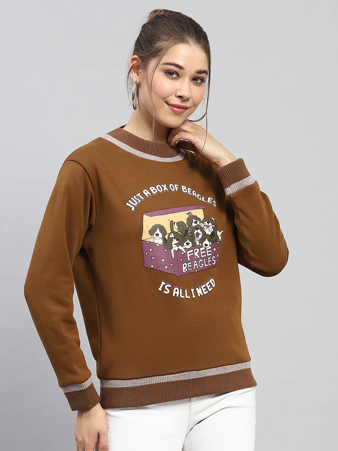 Women Khaki Printed Round Neck Full Sleeve Sweatshirt - Image 3