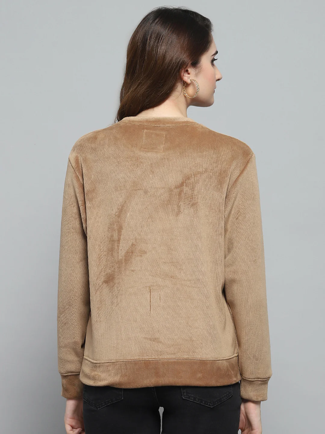 Women Khaki Printed Round Neck Full Sleeve Sweatshirt - Image 5